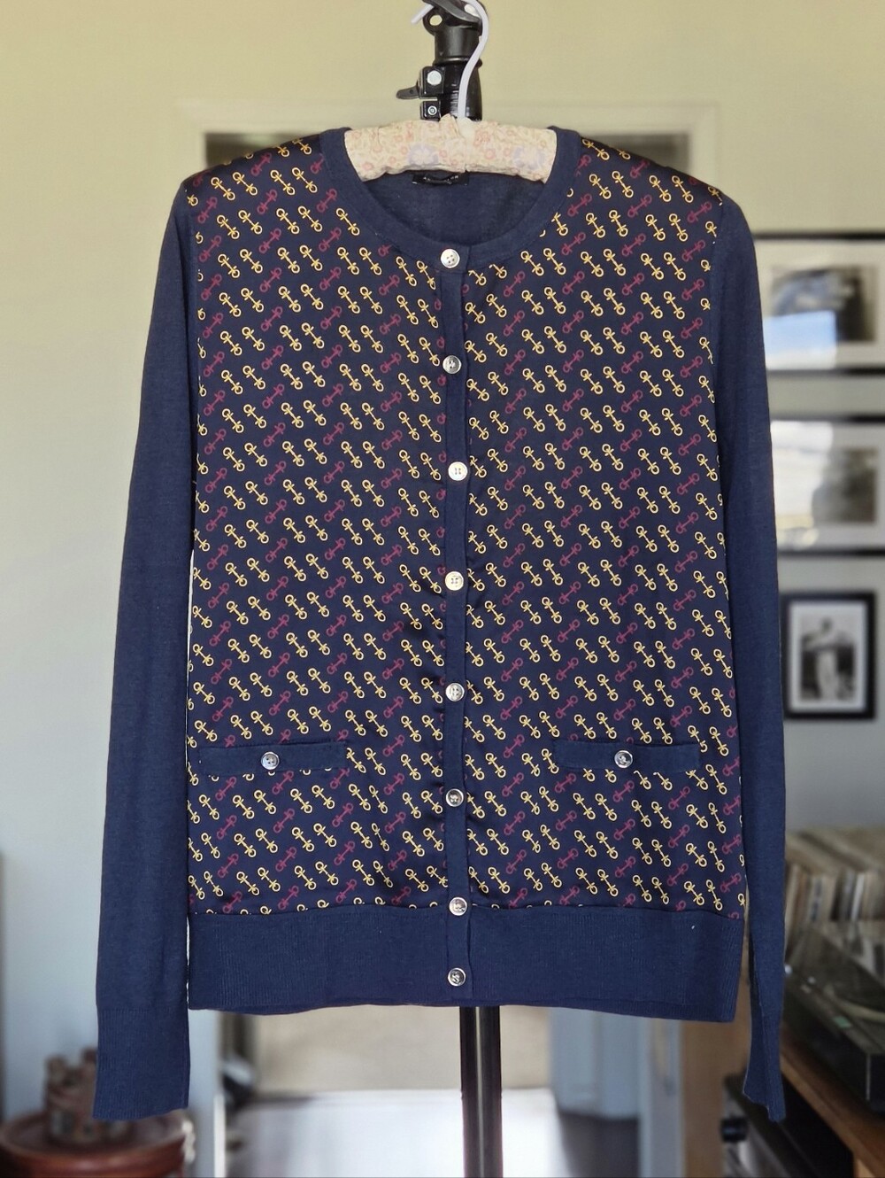 Ann Taylor Navy Cardigan Sweater with Equestrian Horse Bit Print - Picture 1 of 7